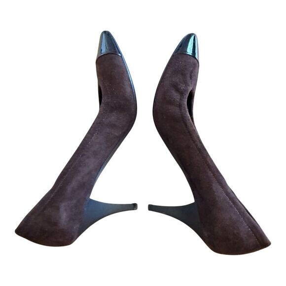 PRADA Brown Suede Black Patent Leather Cap Toe Pumps Heels Size EU 37 - Picture 7 of 10